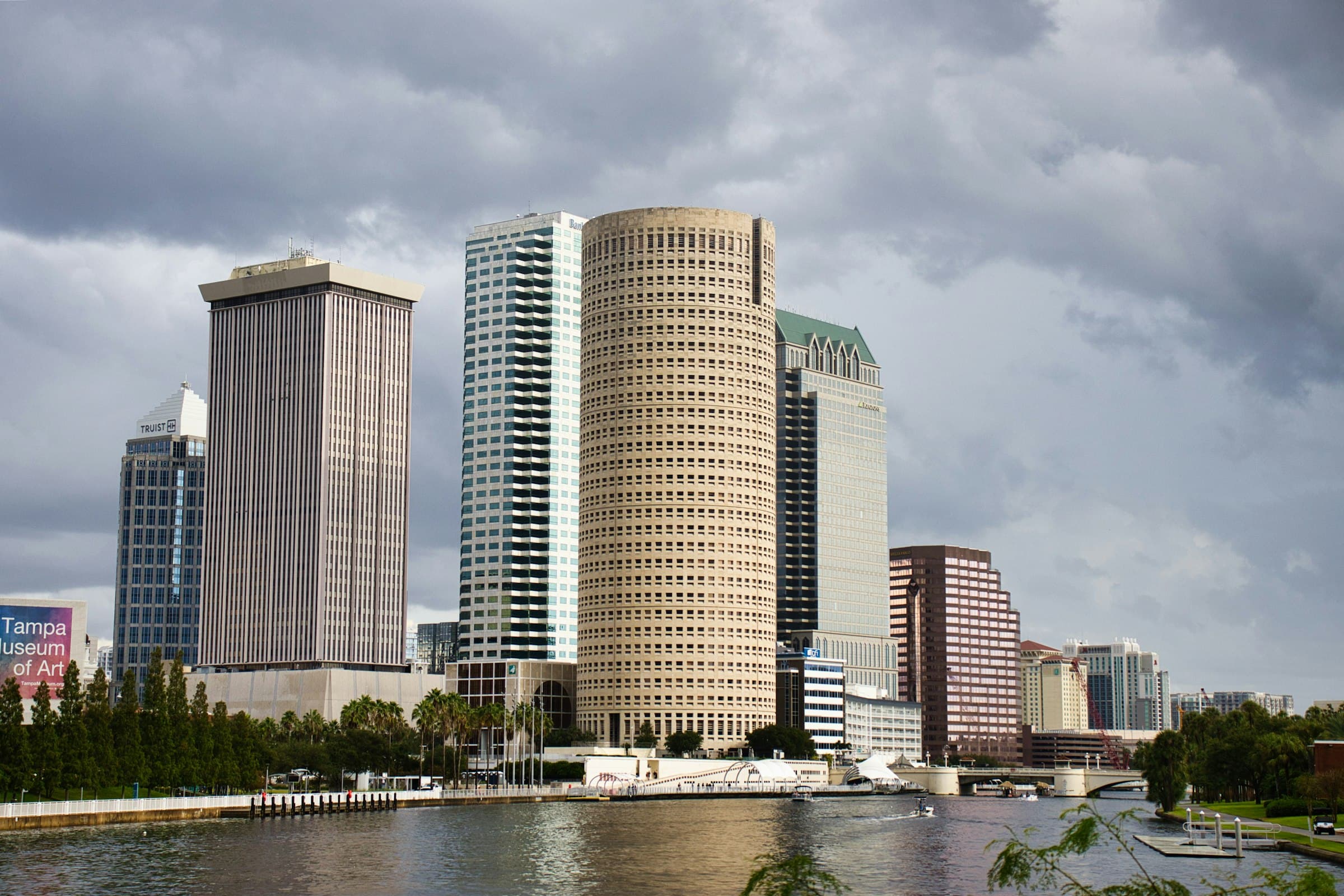 Waterfront city skyline with high-rise buildings beside the bay